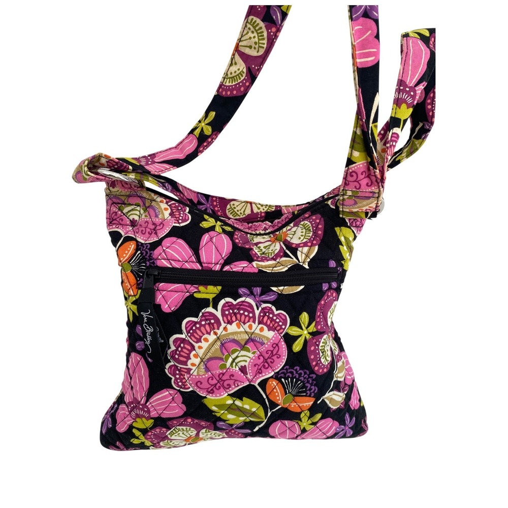 Vera Bradley Crossbody Bag Women Medium Black Pink Floral Plum Crazy Quilted
